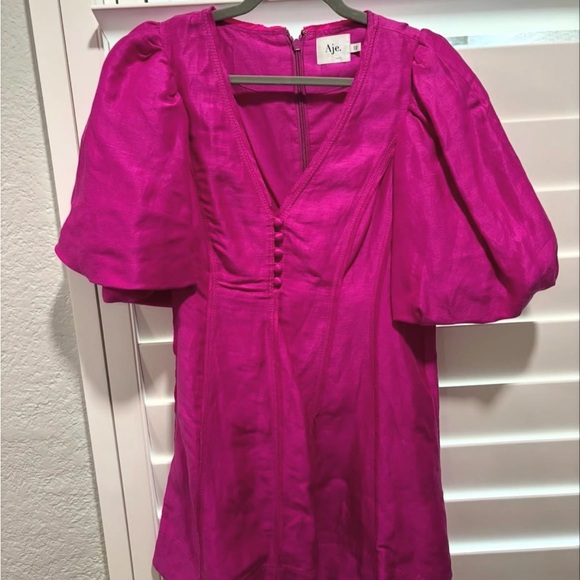 Aje Fuchsia Puff-Sleeve V-Neck Midi Dress - Picture 2 of 2